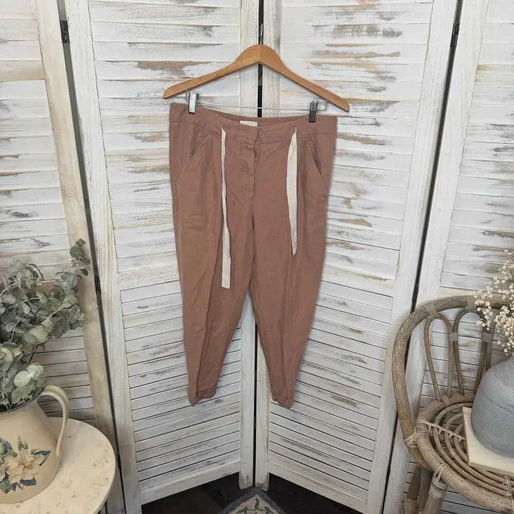 WILFRED ARITZIA Women's 8 Allant Linen Pants Cropped Waist Tie Moroccan Spice